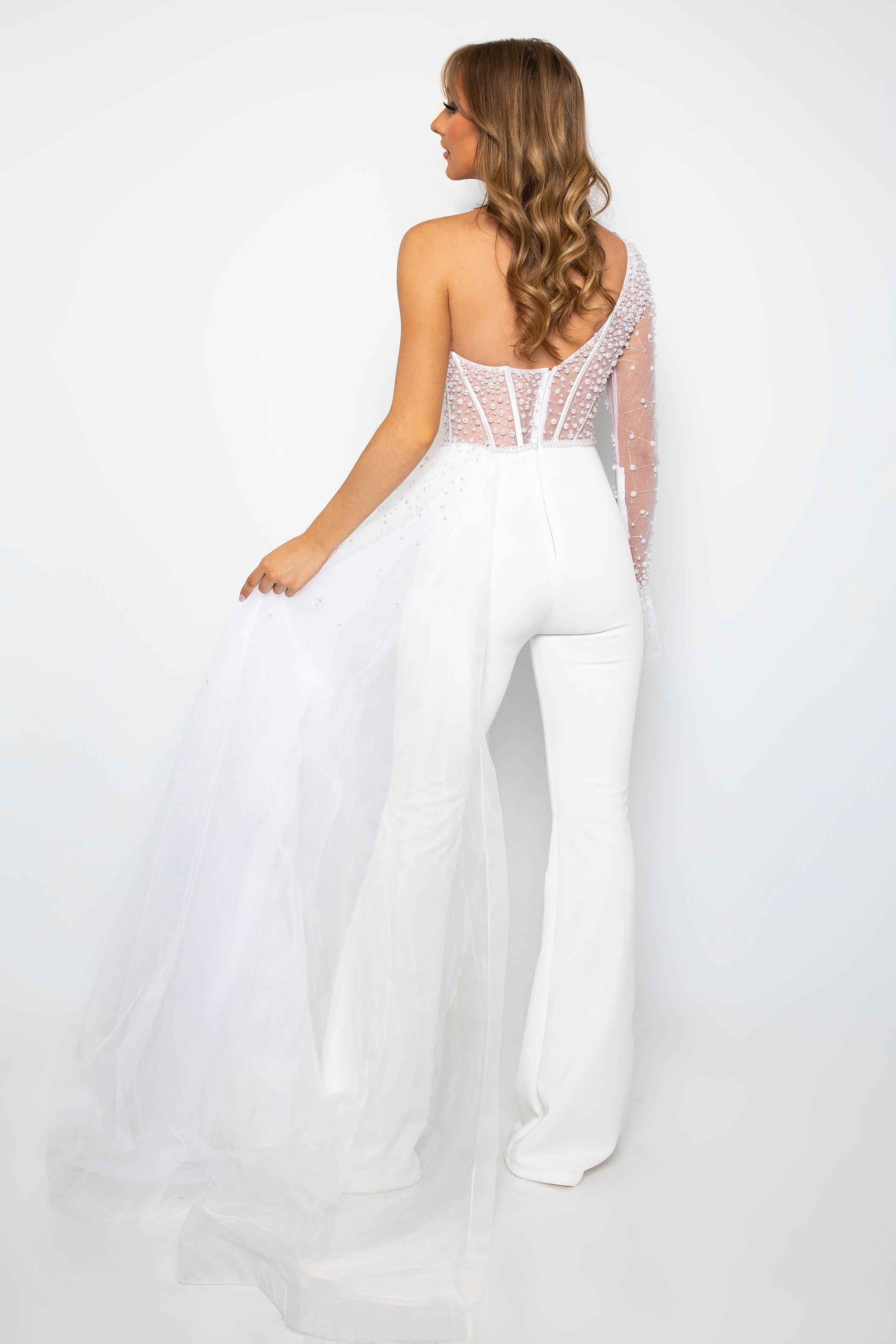 Jumpsuit Formal Beaded Prom Fitted Jumpsuit Solid White