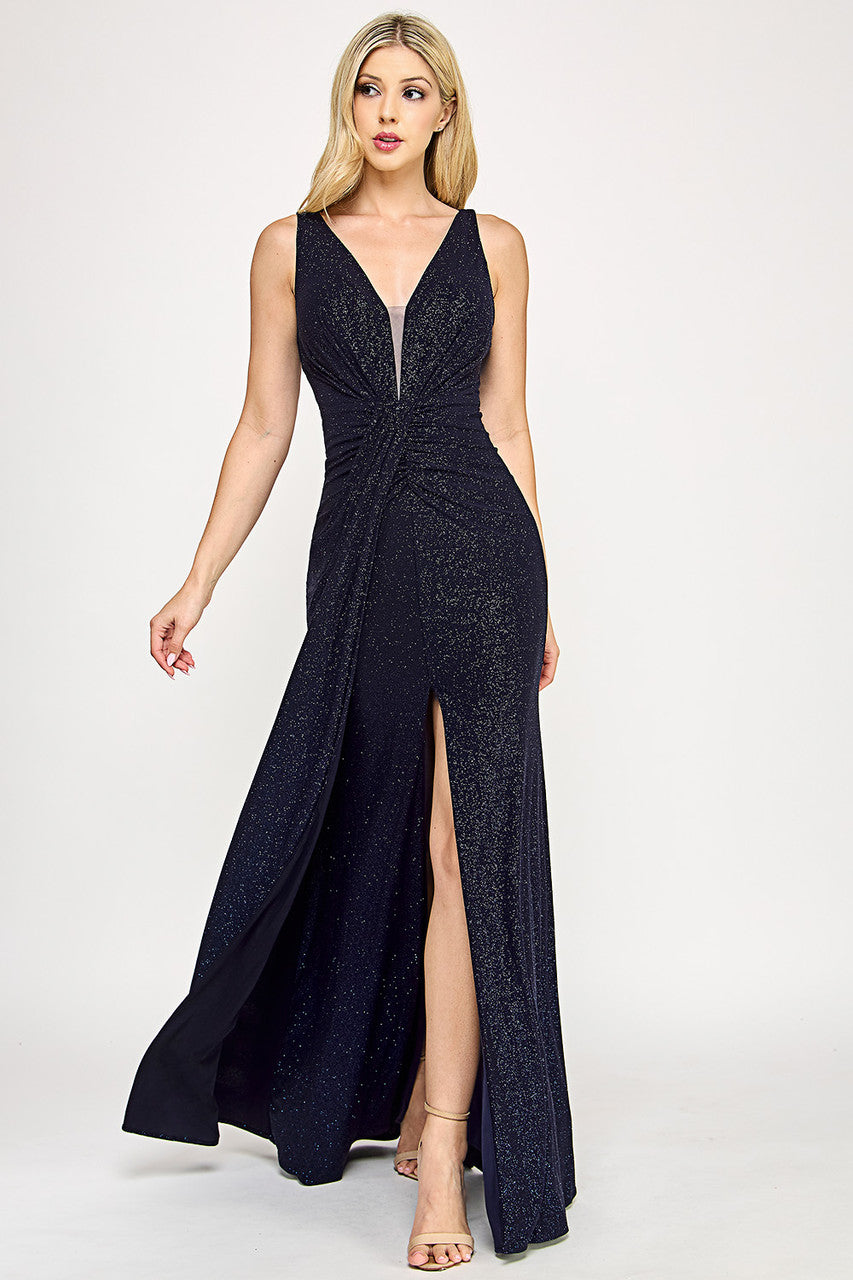 Prom Dresses Long Formal Glitter Slit Prom Dress Lenovia 5308 Navy Blue