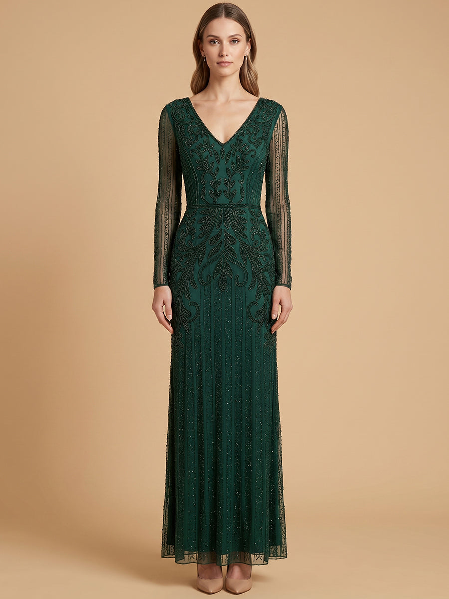 V-Neck Floor-Length Mesh Formal Sheath Lara 28841
