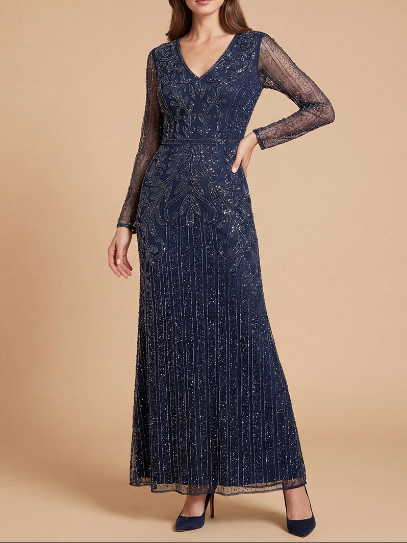 V-Neck Floor-Length Mesh Formal Sheath Lara 28841