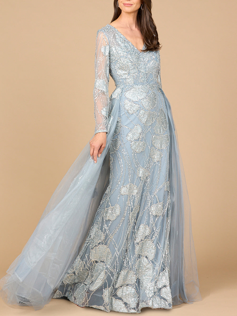 Prom Dresses Fitted Lace Long Overskirt Formal Evening Dress Slate