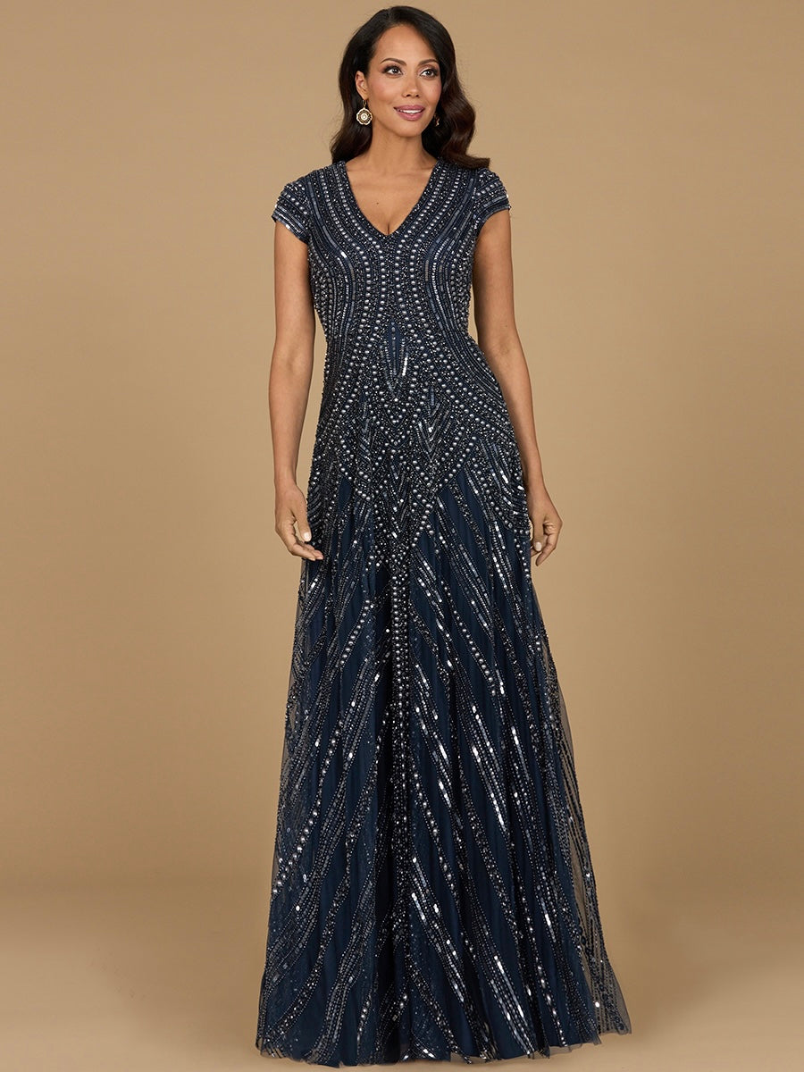 Navy Lara Dresses 28952 Long Formal Beaded A Line Evening Ddress
