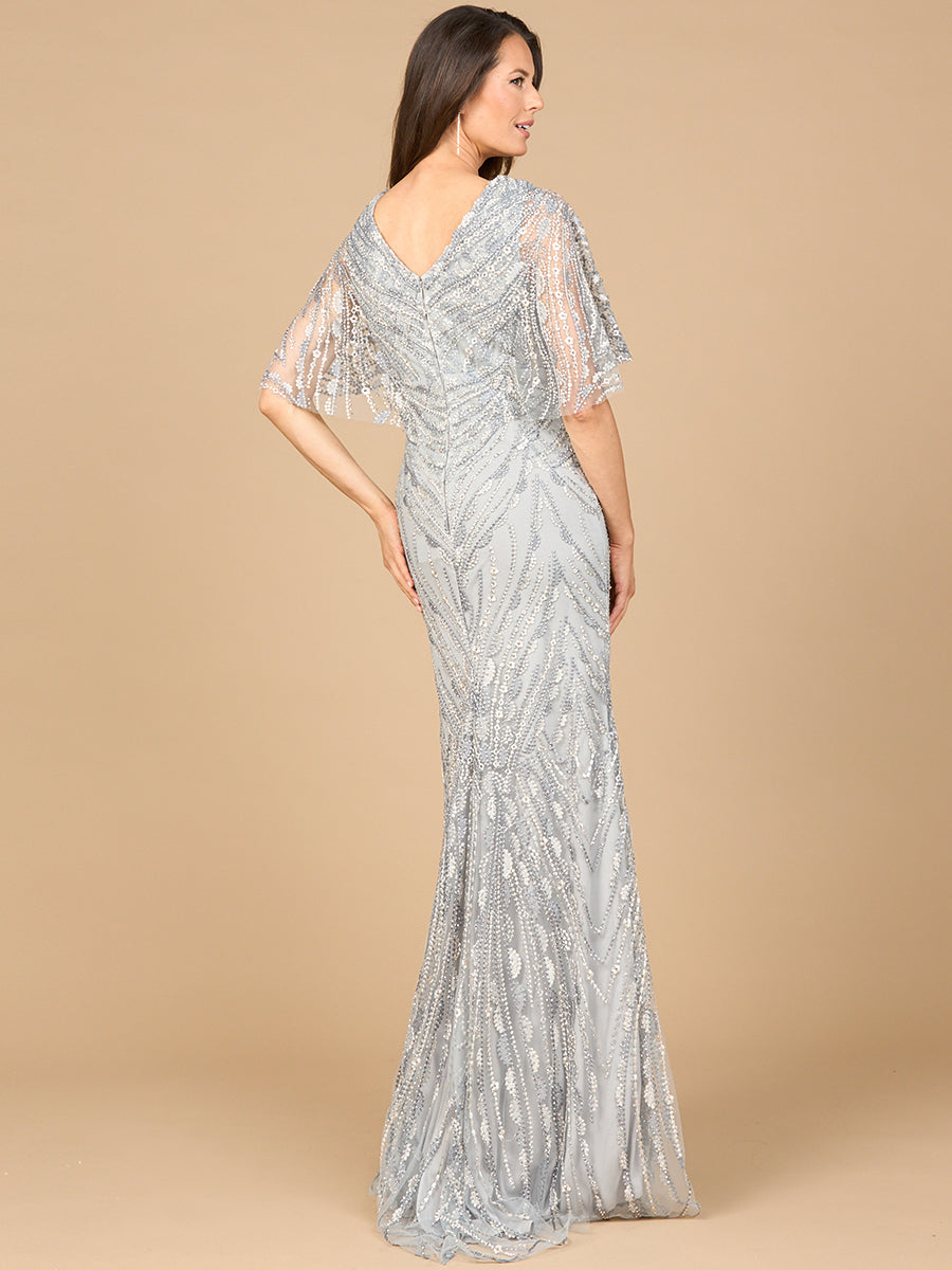 Mother of the Bride Dresses Long Formal Beaded Lace Cape Dress Grey