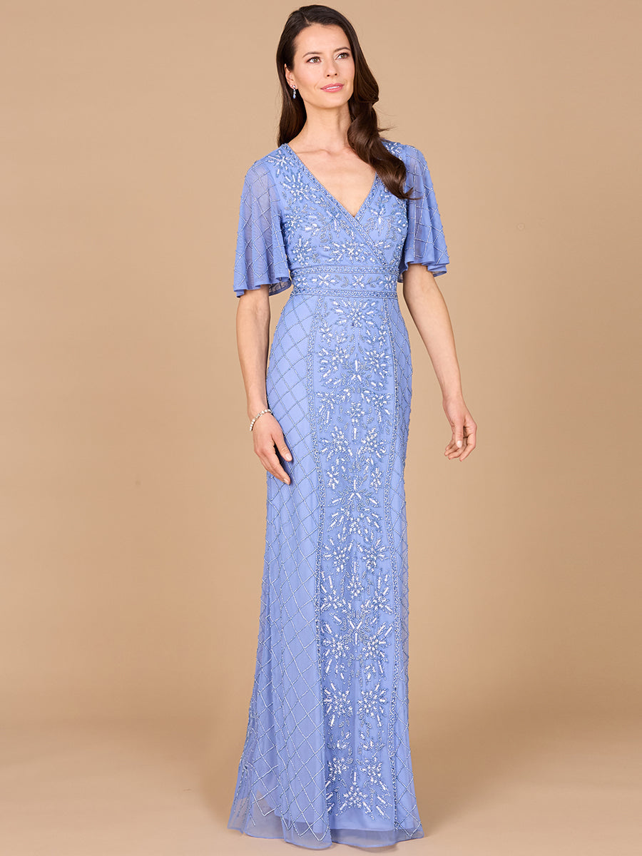 Formal Dresses Cape Sleeve Beaded Long Formal Dress Periwinkle