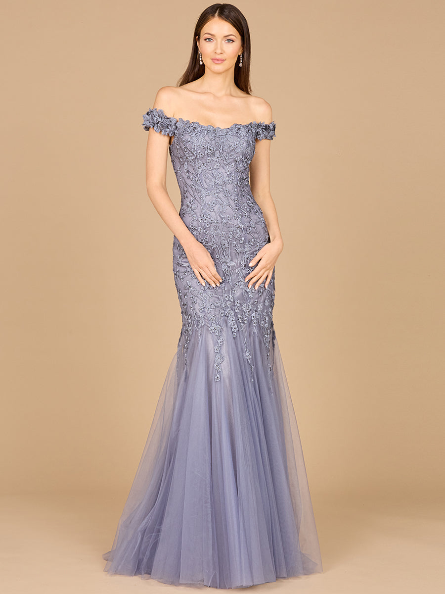 Formal Dresses Prom Long Mermaid Floral Applique Formal Dress Grey Blue