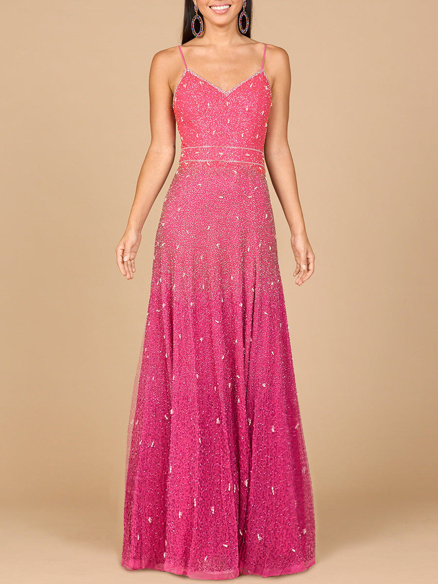 Pink Ombre Lara Dresses 29033 Long Formal A Line Beaded Ombre Prom
