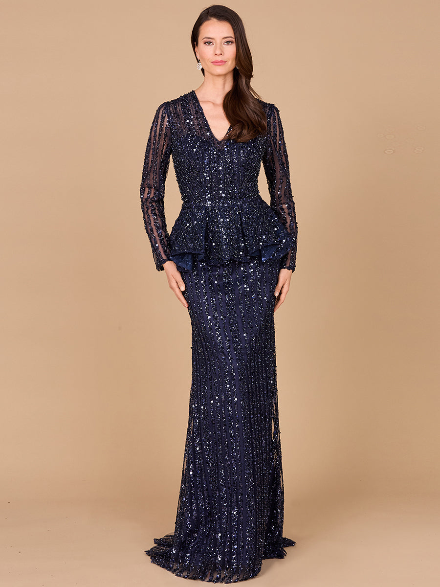 Navy Lara Dresses 29038 Long Sleeve Beaded Formal Peplum Evening