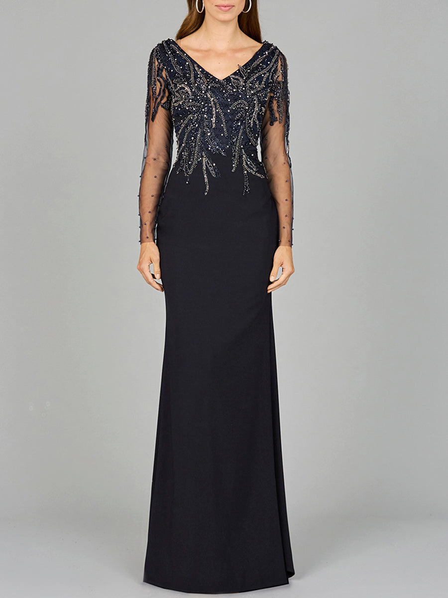 Mother of the Bride Dresses Long Sleeve Beaded Mother of the Bride Formal Dress Navy