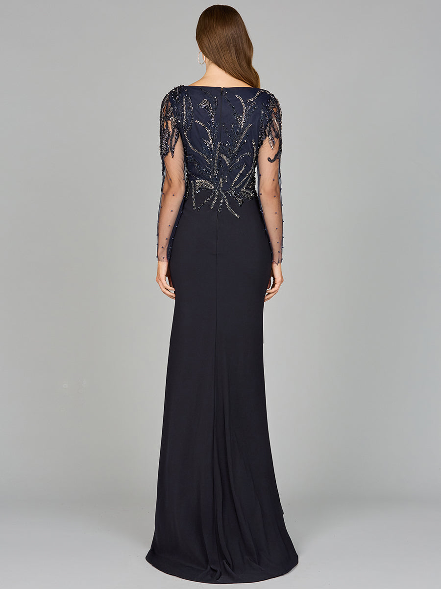 Mother of the Bride Dresses Long Sleeve Beaded Mother of the Bride Formal Dress Navy