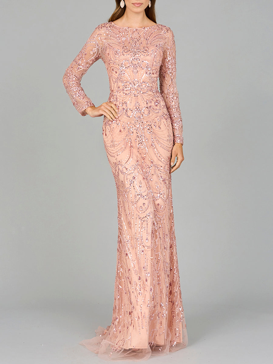 Formal Dresses Long Sleeve Formal Beaded Lace Evening Dress Blush