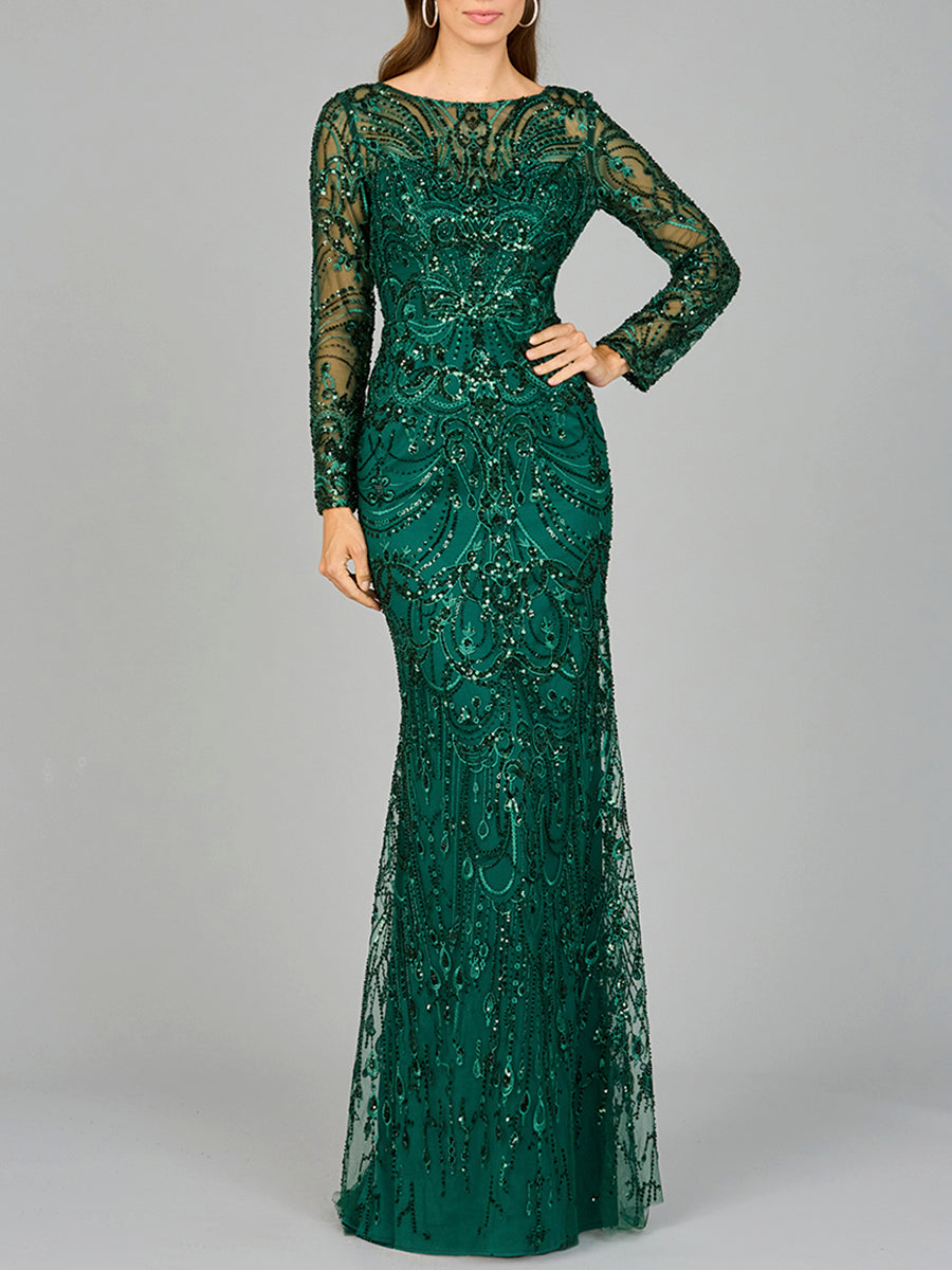 Formal Dresses Long Sleeve Formal Beaded Lace Evening Dress Green