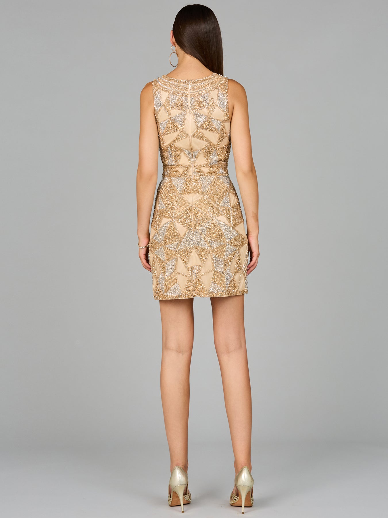 Cocktail Dresses Beaded Short Fringe Fitted Cocktail Mini Dress Nude/Silver