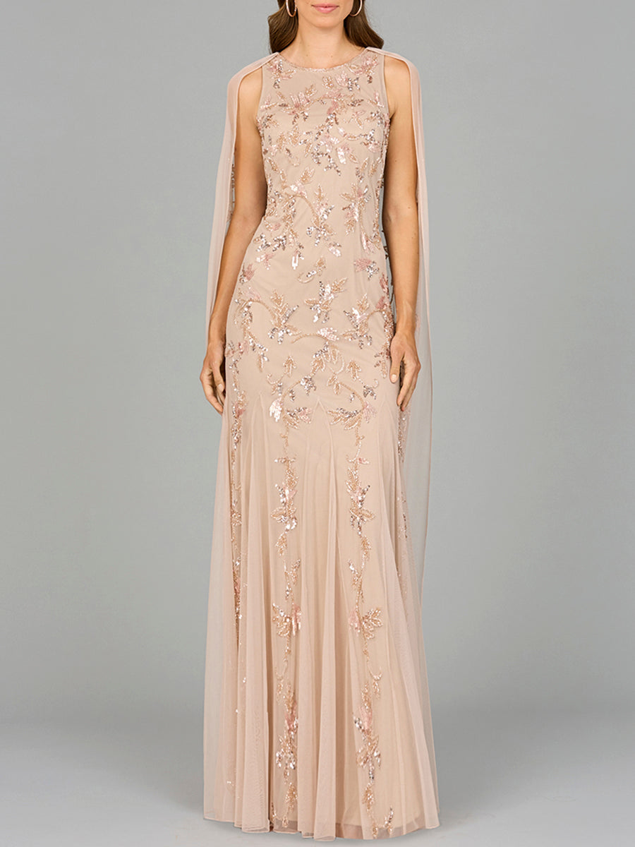Formal Dresses Long Formal Cape Beaded Evening Dress Nude