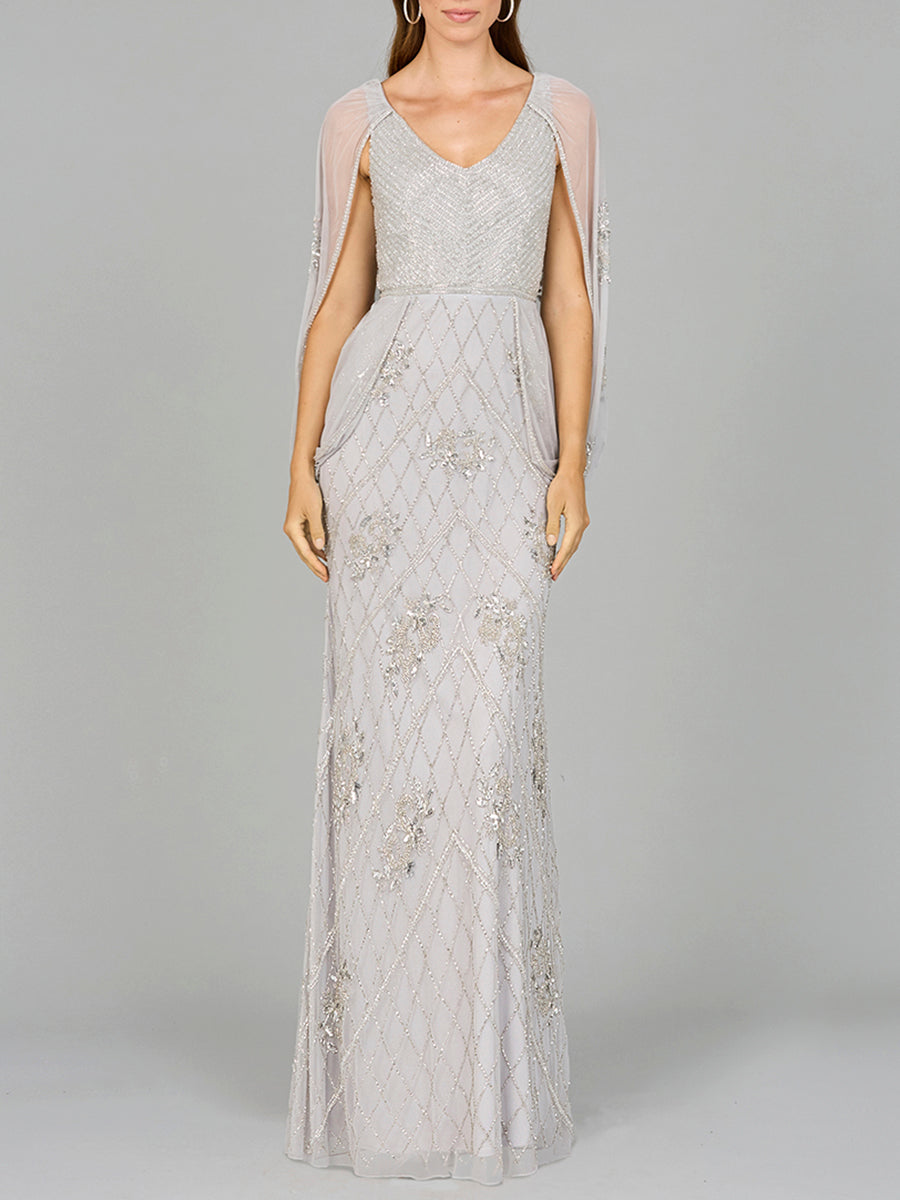 Formal Dresses Long Formal Beaded Cape Evening Dress Silver