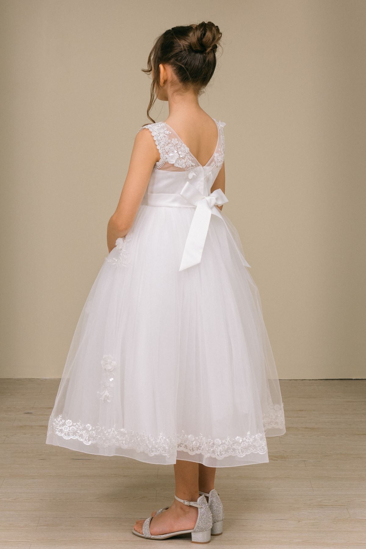 Flower Girl Dresses 3D Floral Midi Beaded Flower Girl Dress White