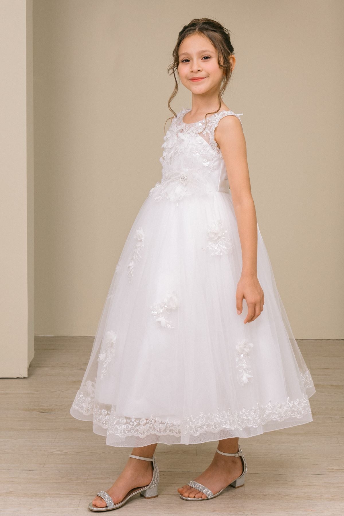 Flower Girl Dresses 3D Floral Midi Beaded Flower Girl Dress White