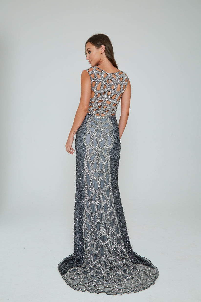 Prom Dresses Beaded Fitted Slit Long Formal Prom Dress Aleta 291 Charcoal/Silver