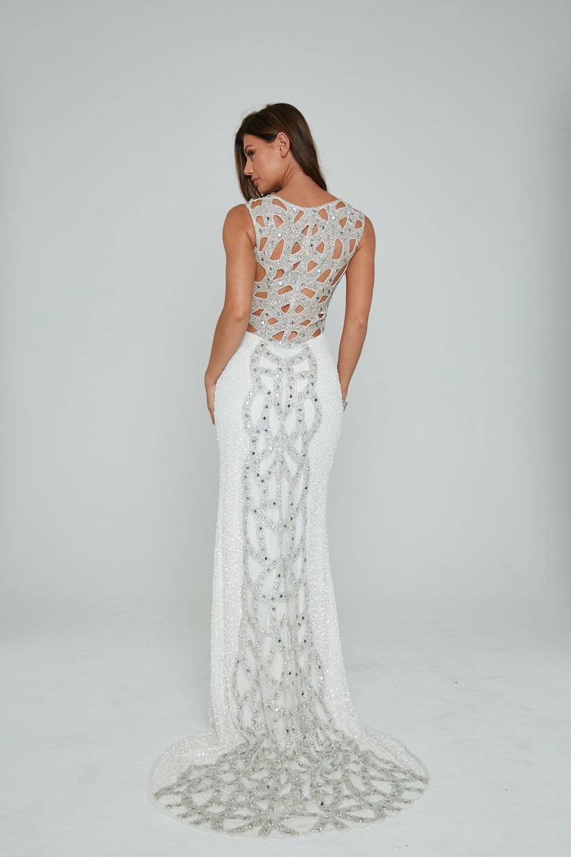 Prom Dresses Beaded Fitted Slit Long Formal Prom Dress Aleta 291 Ivory/Silver