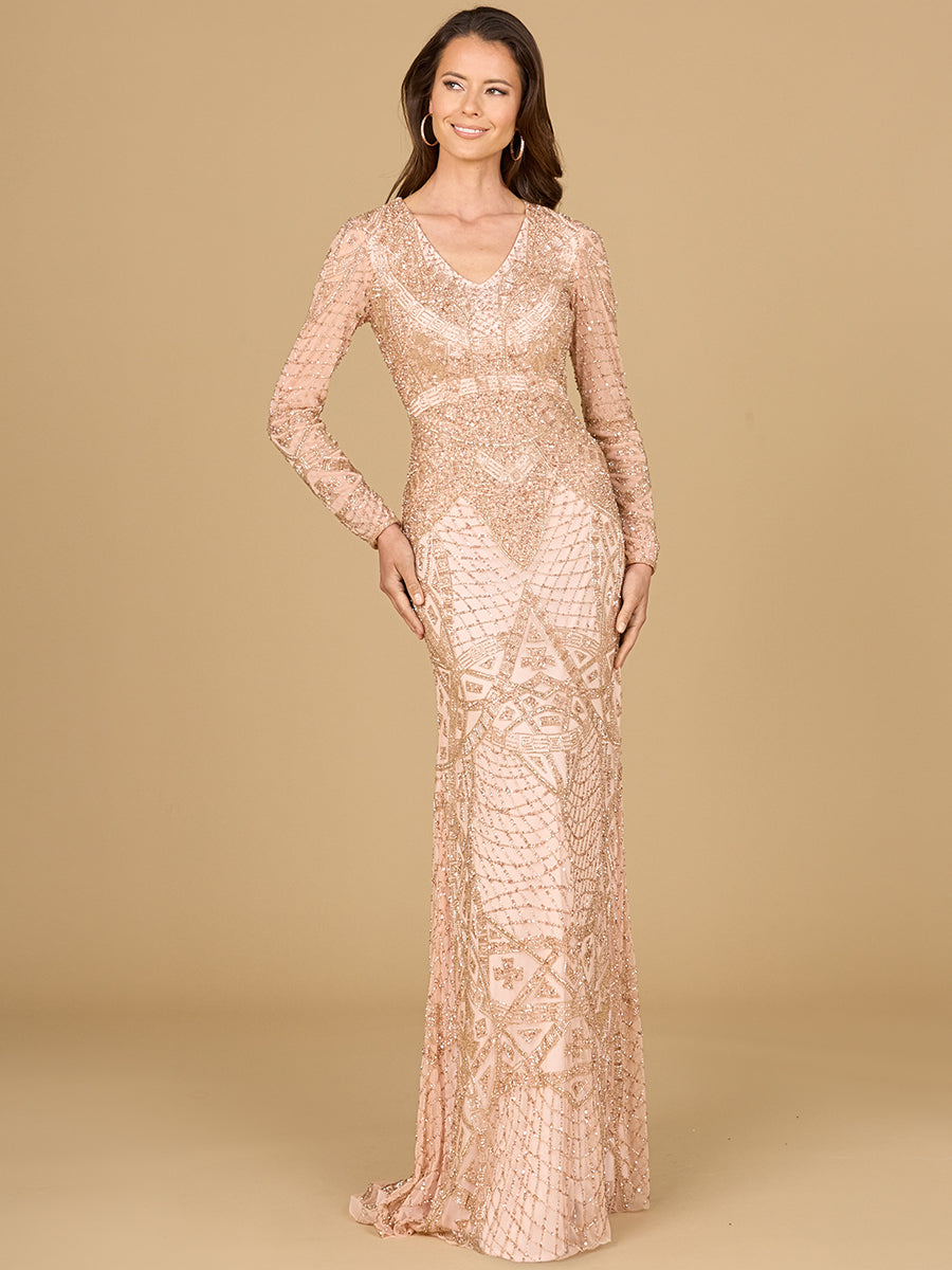 Formal Dresses Beaded Long Sleeve Evening Formal Dress Rose Gold