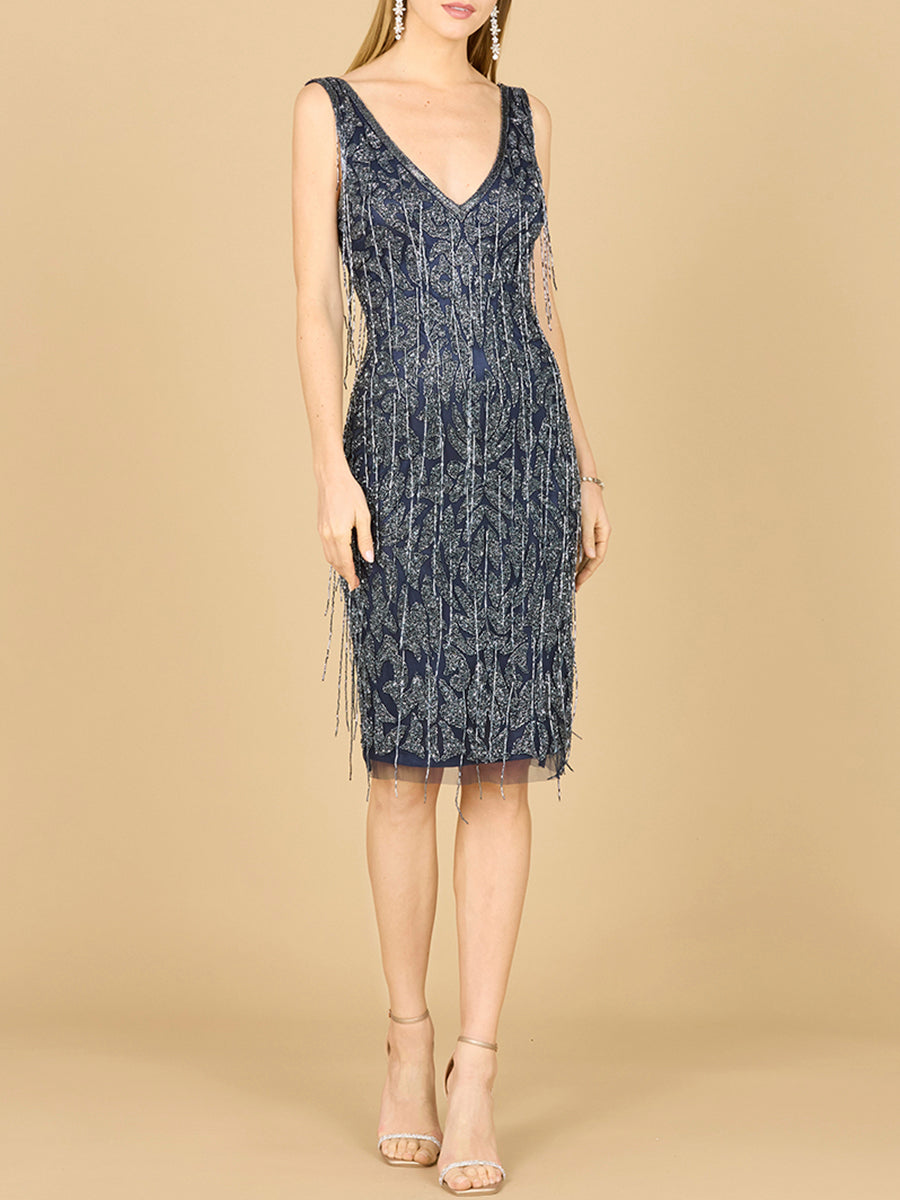 Cocktail Dresses Short Fitted Beaded Fringe Cocktail Dress Navy