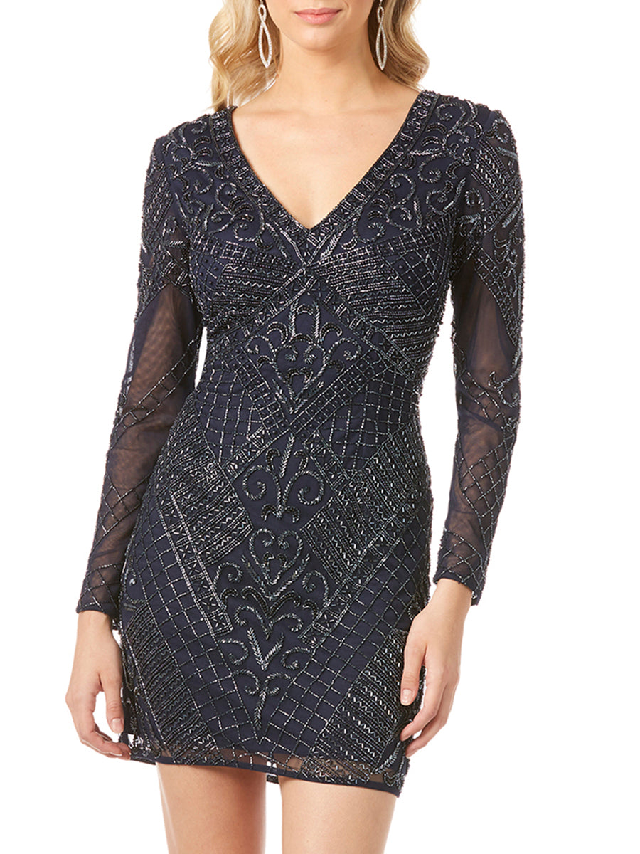 Cocktail Dresses Short Fitted Beaded Cocktail Dress Navy