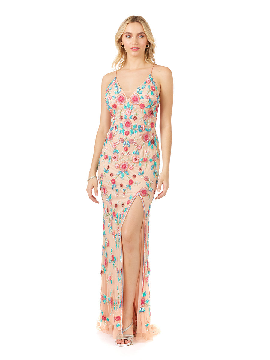 Prom Dresses Prom Long Beaded Floral Pattern Formal Evening Dress Nude/Multi