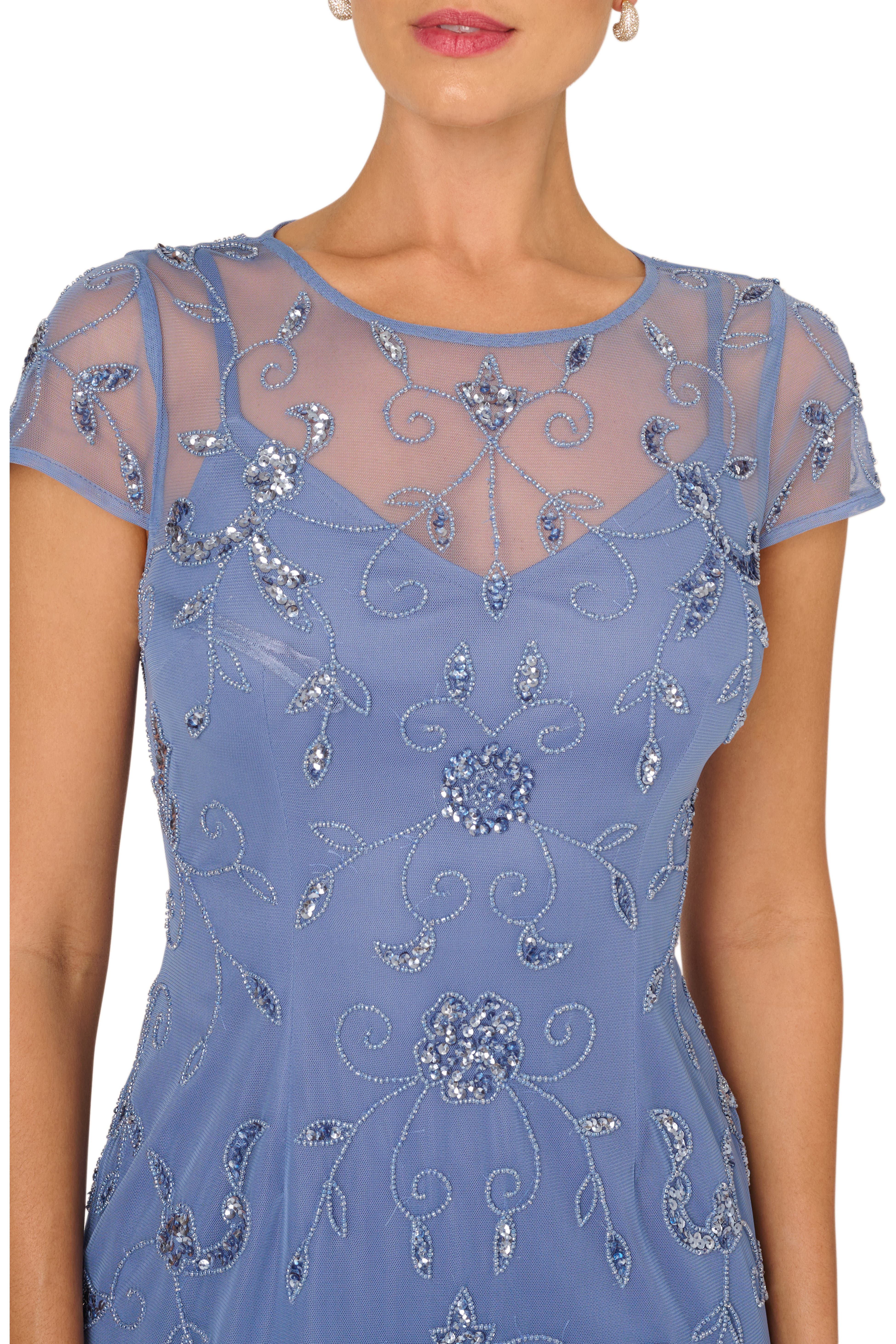 French Blue Adrianna Papell AD5E211943 Illusion Short Mesh Cocktail Dress Cap Sleeve