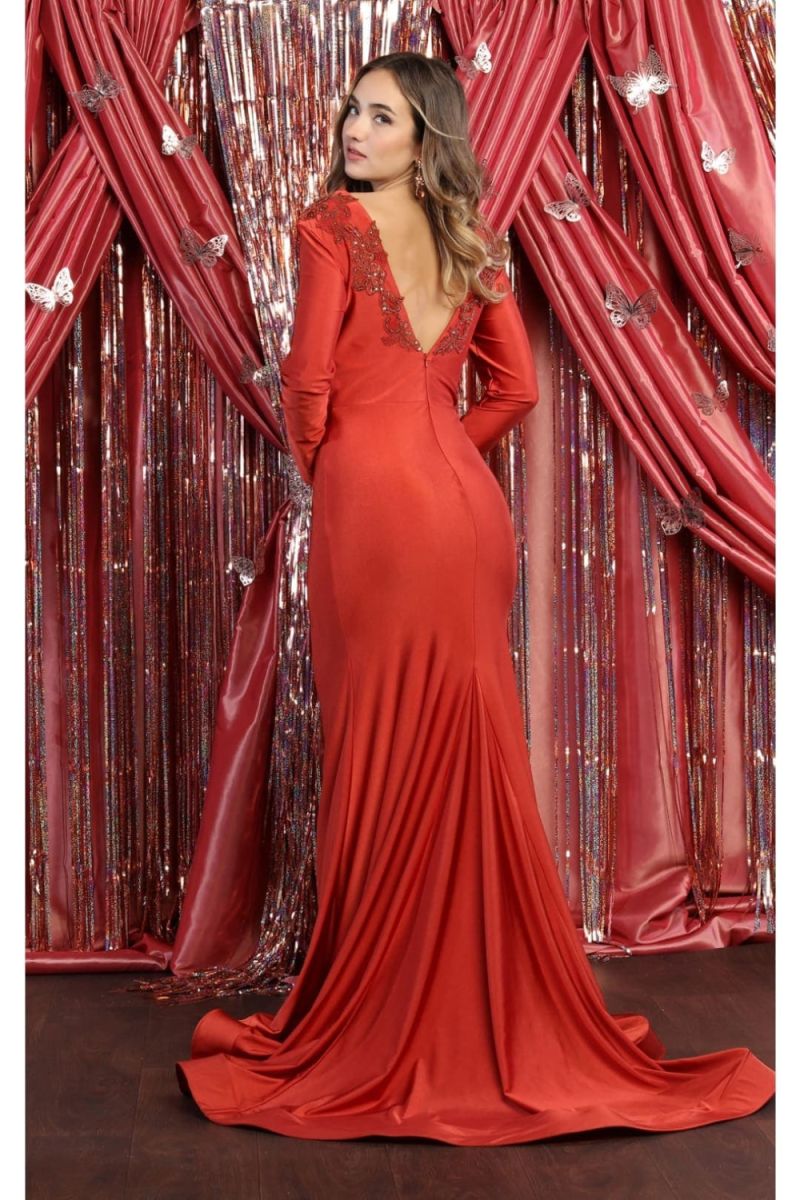 Rust V-Neck Floor-Length Jersey Formal Long-Sleeve Gown May Queen MQ1772