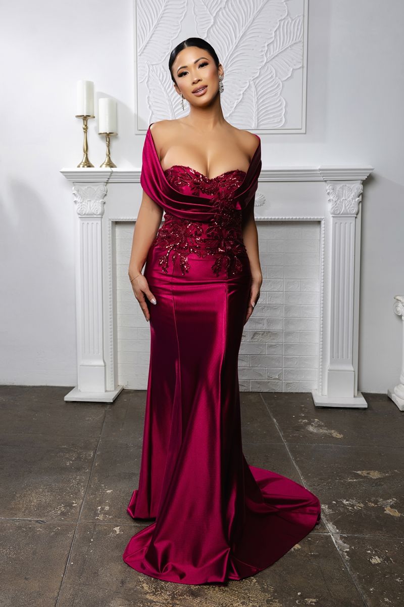 Off-the-Shoulder Floor-Length Satin Formal Dress Sheath May Queen 2174