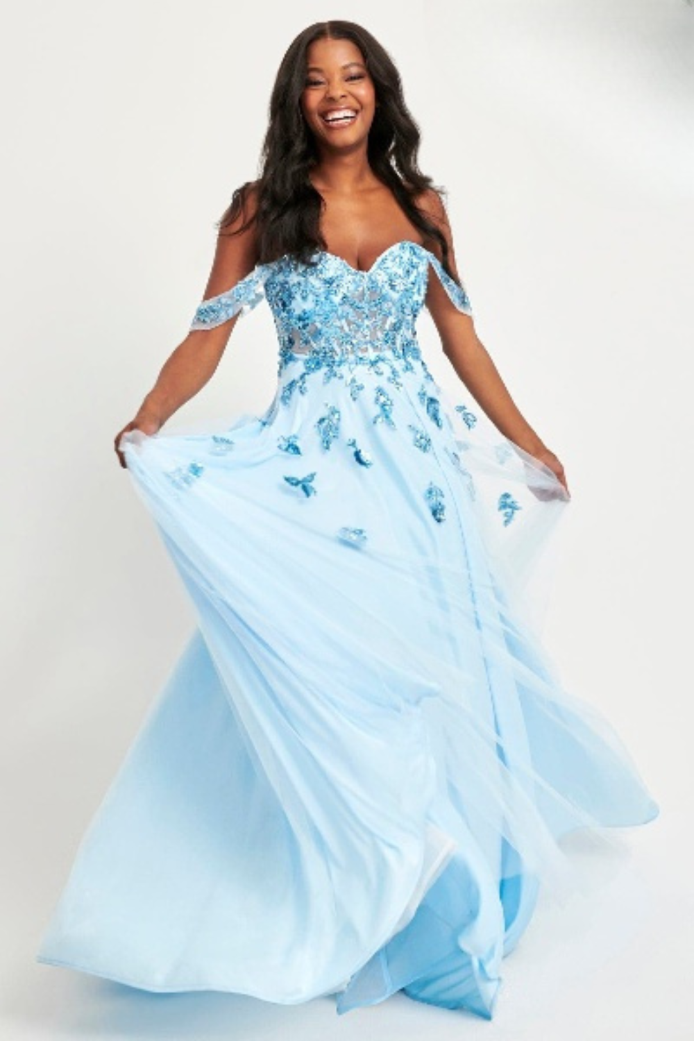 Prom Dresses A Line Long Sequin Lace Formal Prom Dress Ice Blue