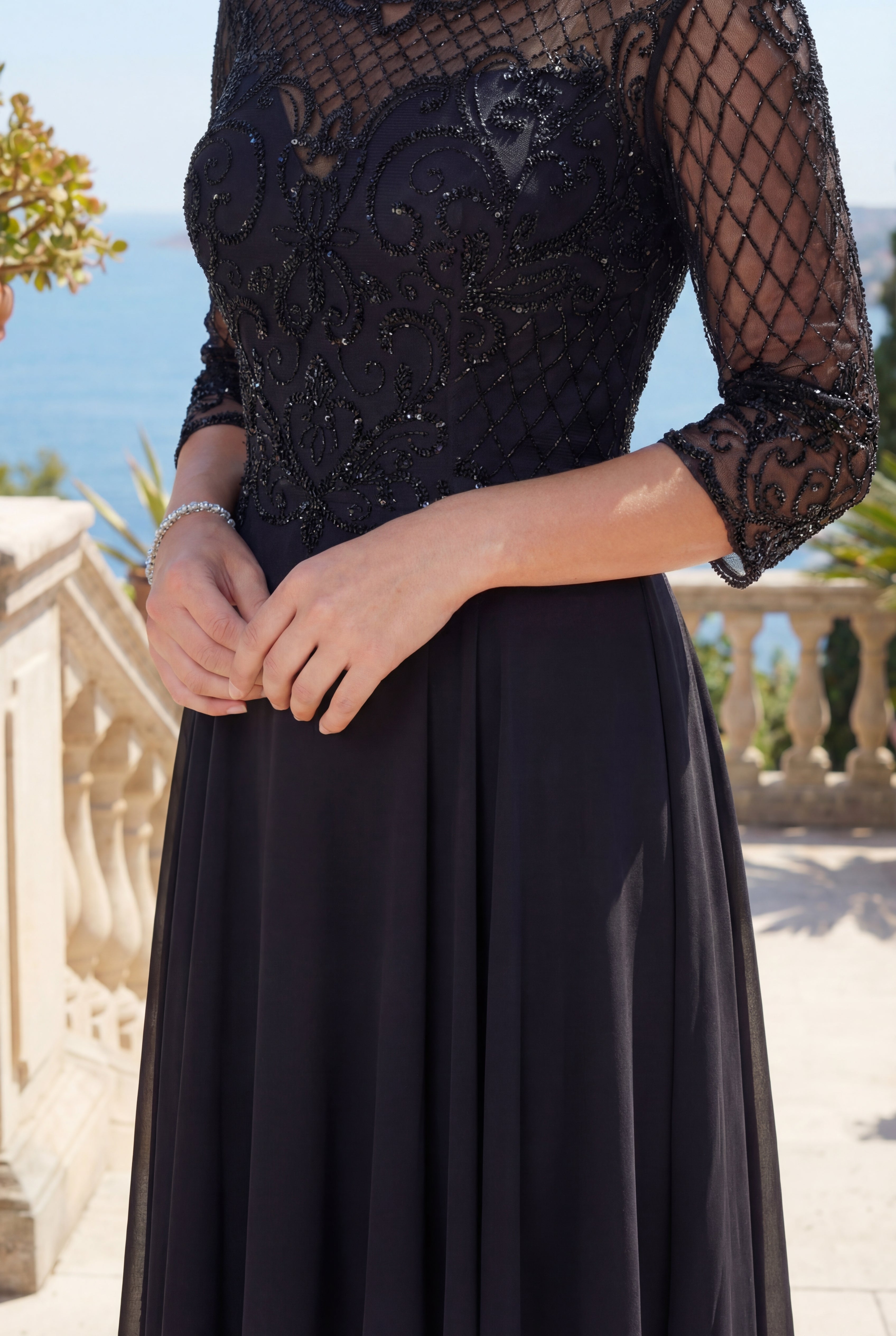 Hand Beaded Long Sleeve Mother of the Bride Dress