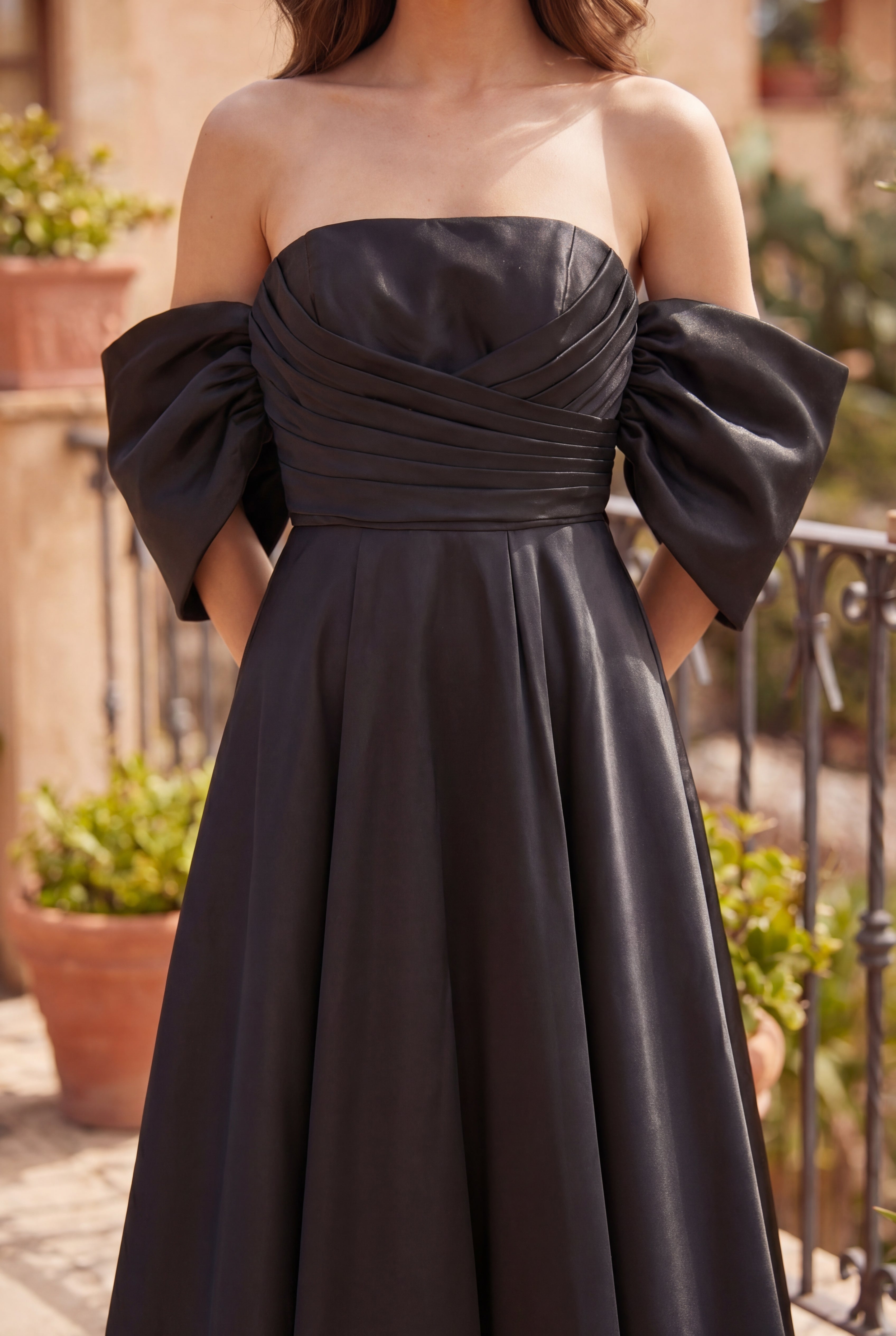 Formal A-Line Gown with Oversized Off-Shoulder Sleeves