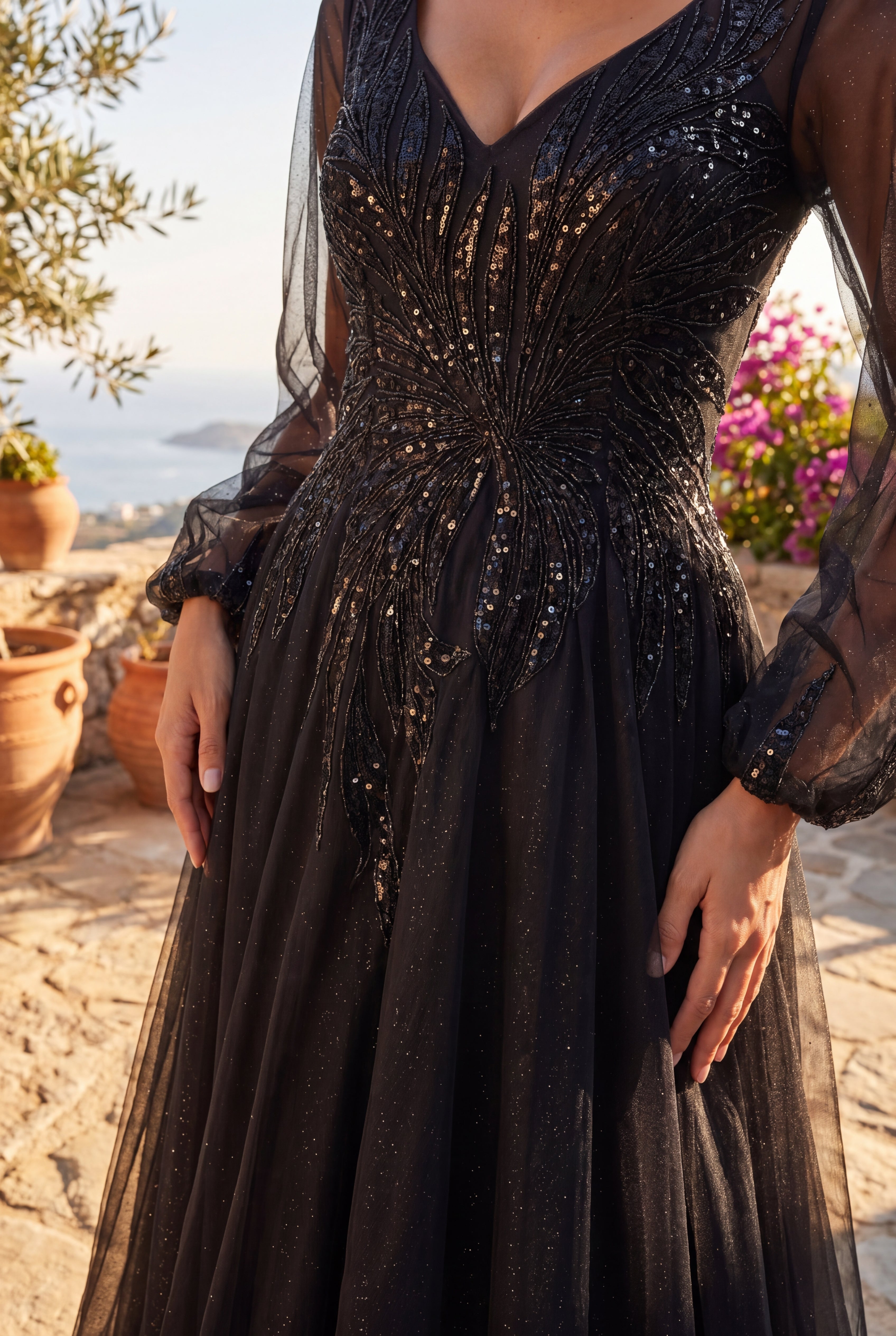 Navy Beaded V-Neck Long Sleeve Formal Evening Gown