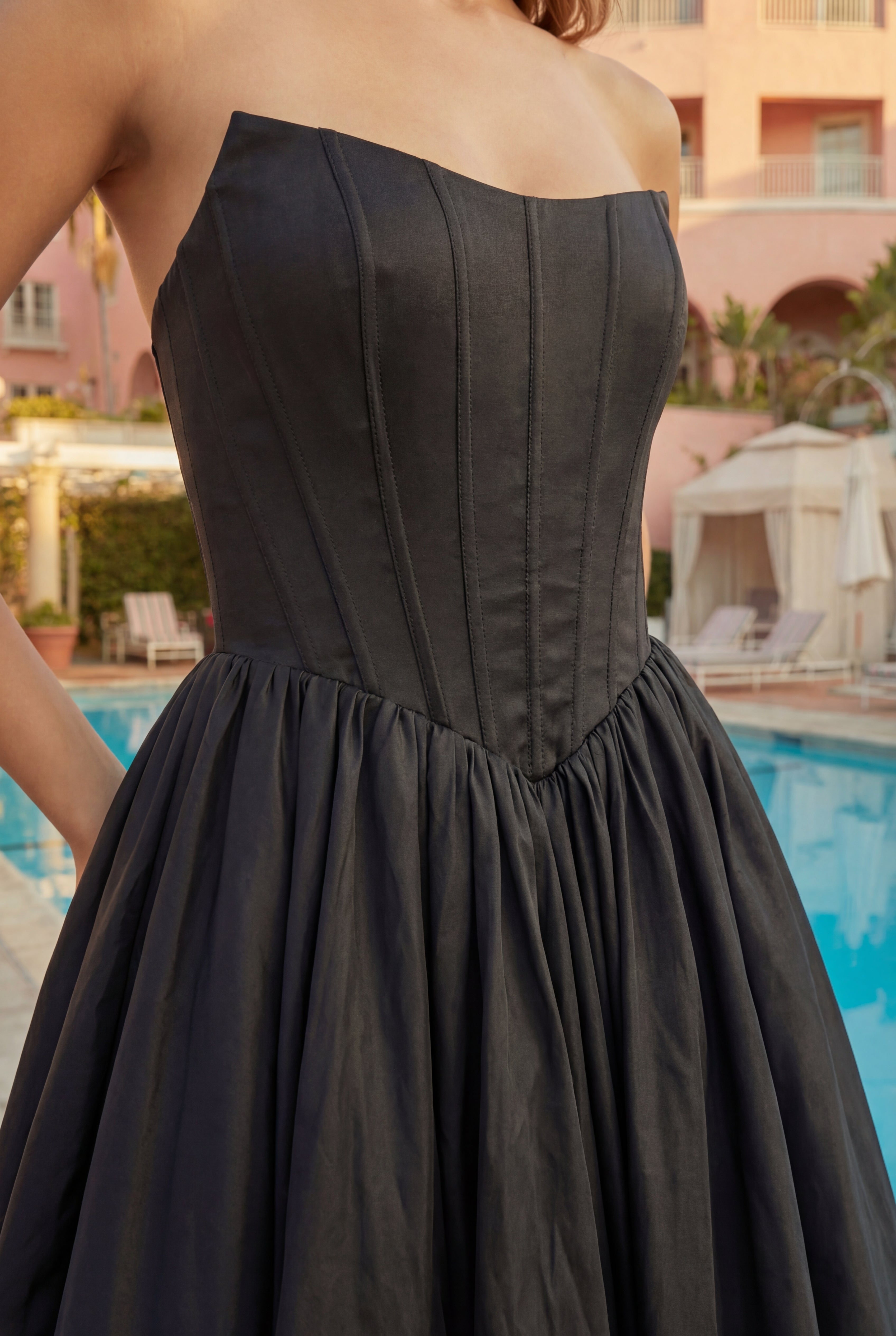 High-Low Satin Corset Evening Gown with Full Skirt