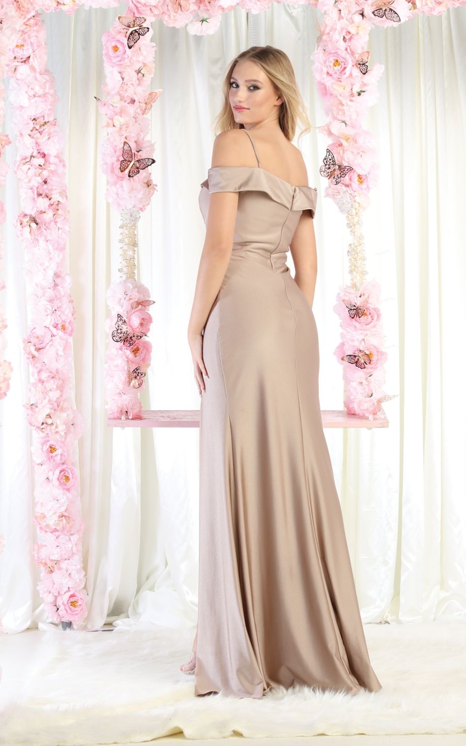 Mocha Off-the-Shoulder Floor-Length Jersey Prom High Slit Dress May Queen MQ1870