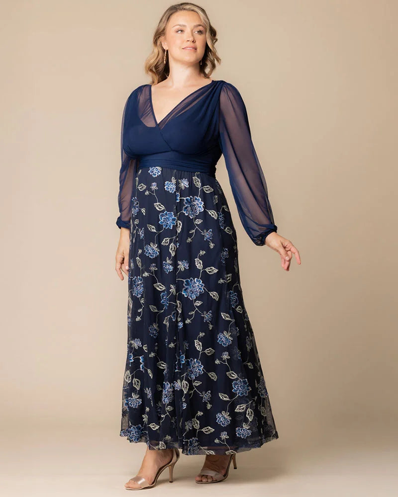Plus Size Dresses Long Sleeves Floral Long Formal Plus Size Dress Navy Blue Blooms