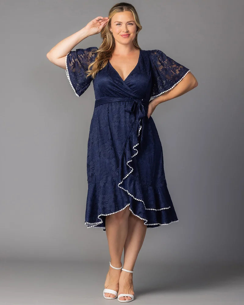V-Neck Midi Lace Formal A-Line Dress Kiyonna 11250901