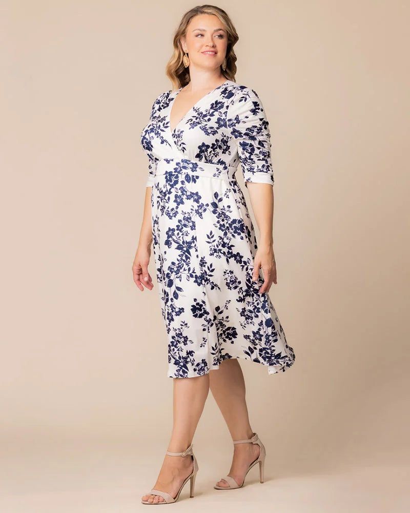 Ivory Florals V-Neck Knee-Length Floral Casual Dress Plus Size A-Line Dress with Pockets Kiyonna 12183501