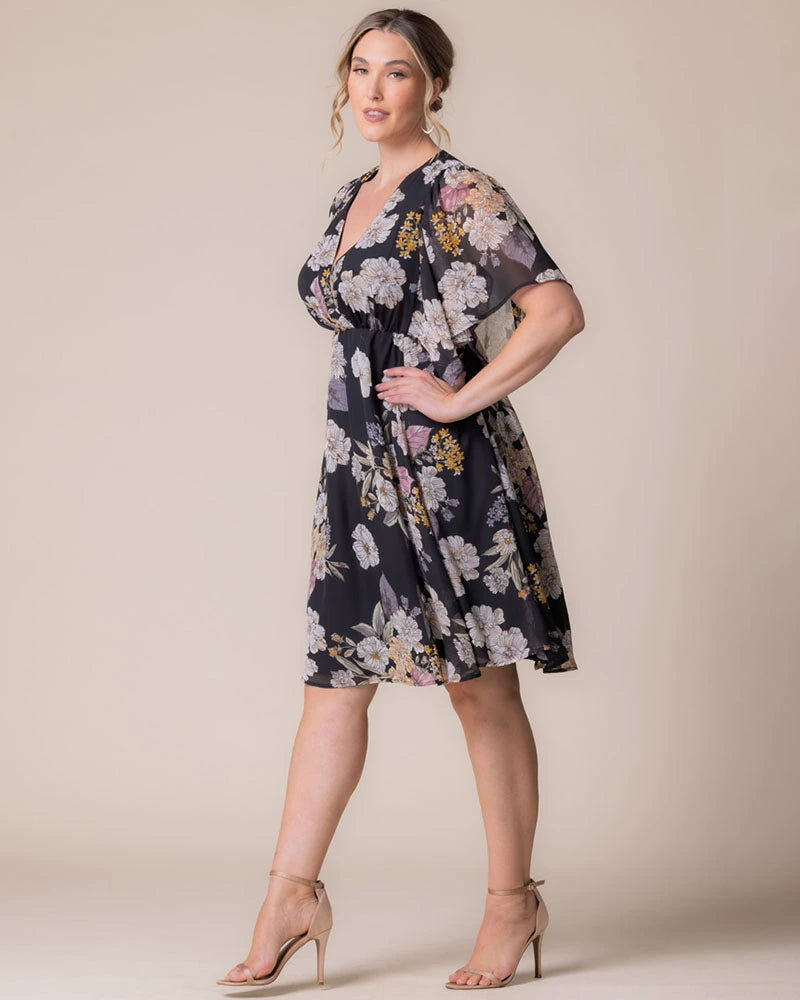 Midnight Peony Print V-Neck Knee-Length Chiffon Casual Floral Wrap Plus Size Dress Kiyonna 12191302
