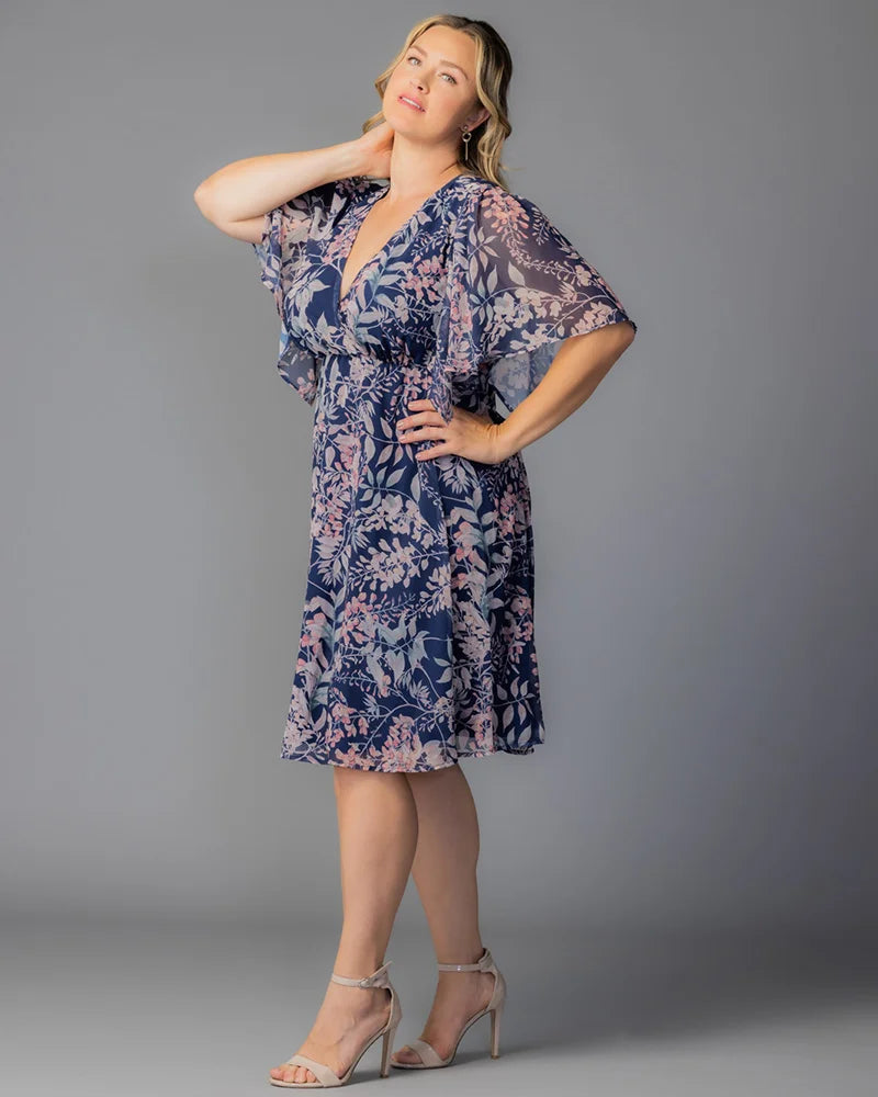 Navy Wisteria Blooms V-Neck Knee-Length Chiffon Casual Floral Wrap Plus Size Dress Kiyonna 12191302