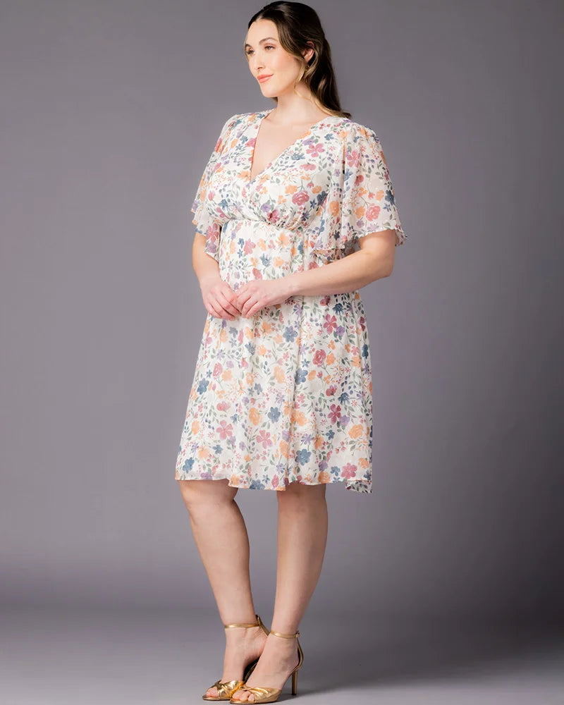 Pale Blossoms V-Neck Knee-Length Chiffon Casual Floral Wrap Plus Size Dress Kiyonna 12191302