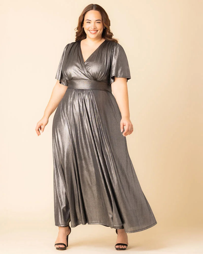 Plus Size Dresses Metallic Long Formal Mother of the Bride Evening Plus Size Dress Kiyonna 12252507 Pewter