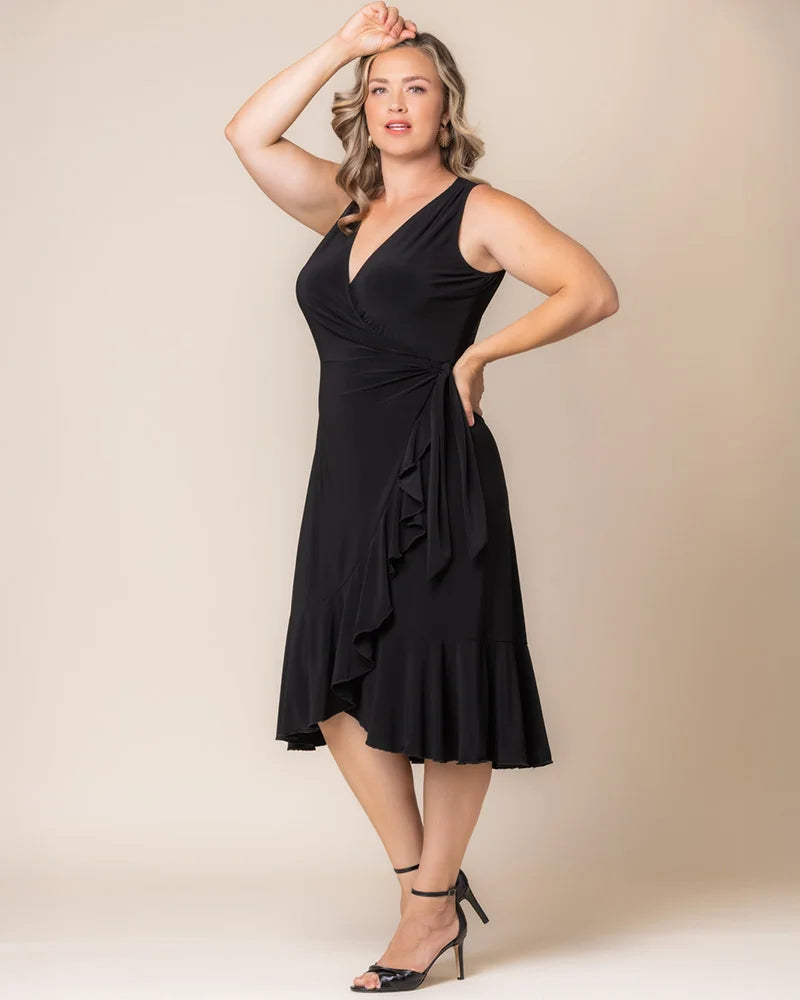 Black Noir V-Neck Midi Jersey Cocktail Dress Ruffle Wrap Plus Size Dress Kiyonna 12262204