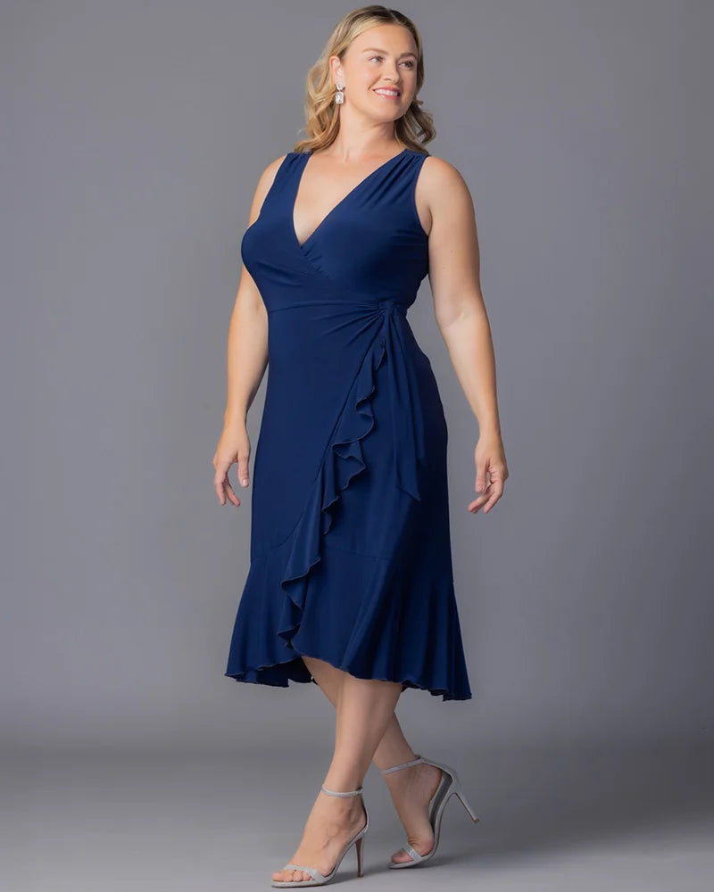 Nouveau Navy V-Neck Midi Jersey Cocktail Dress Ruffle Wrap Plus Size Dress Kiyonna 12262204