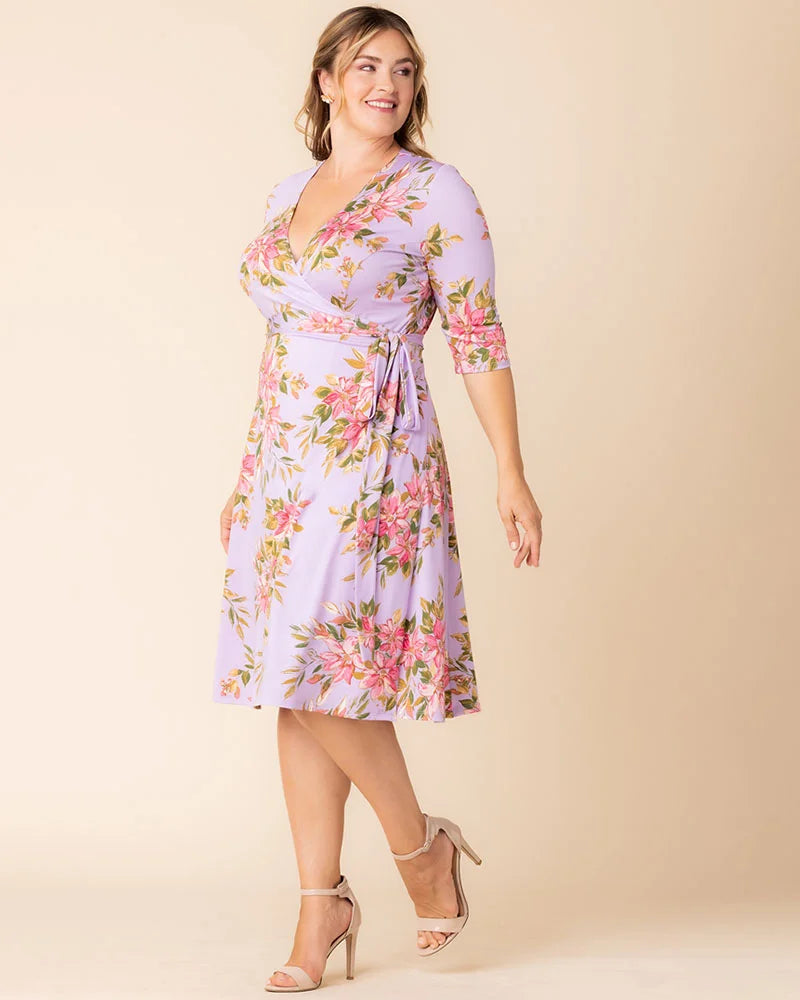 Plus Size Dresses Short Fitted Print Midi Cocktail Dress Lilac Romantic Florals