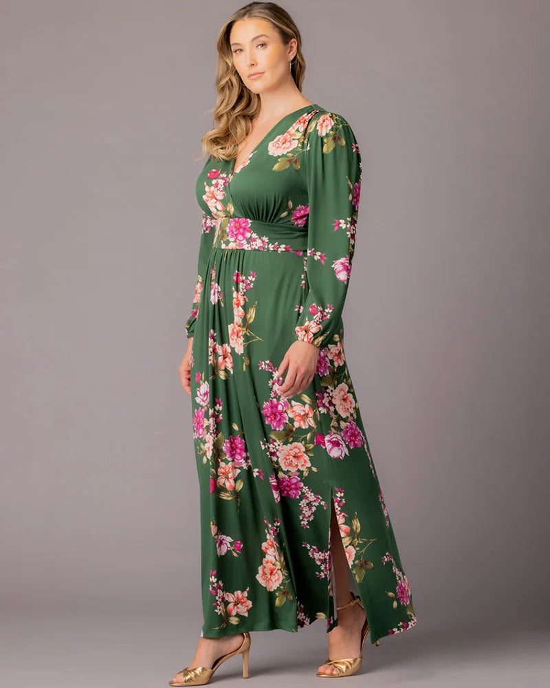 Plus Size Dresses Long Sleeve Tea Length Short Cocktail Dress Green Floral Print