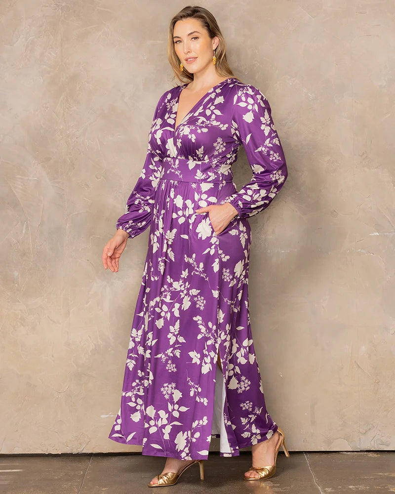 Plus Size Dresses Long Sleeve Tea Length Short Cocktail Dress Purple Blooms