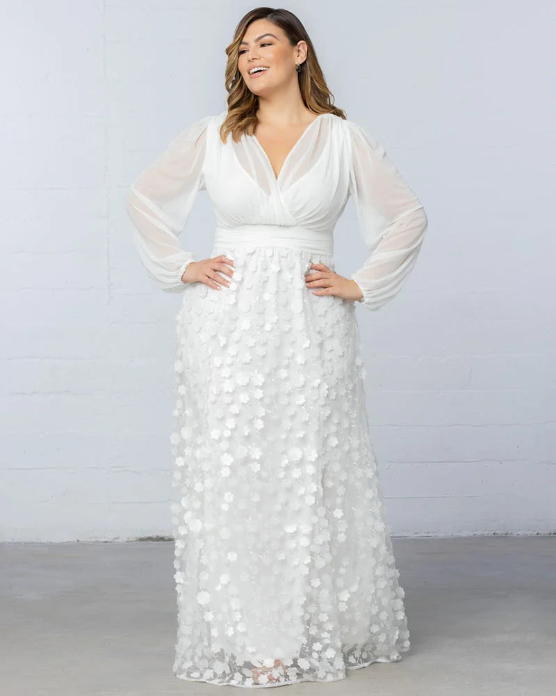 Wedding Dresses Long Sleeve 3D Floral A Line Plus Size Wedding Dress Kiyonna 19233607 Ivory Blossoms