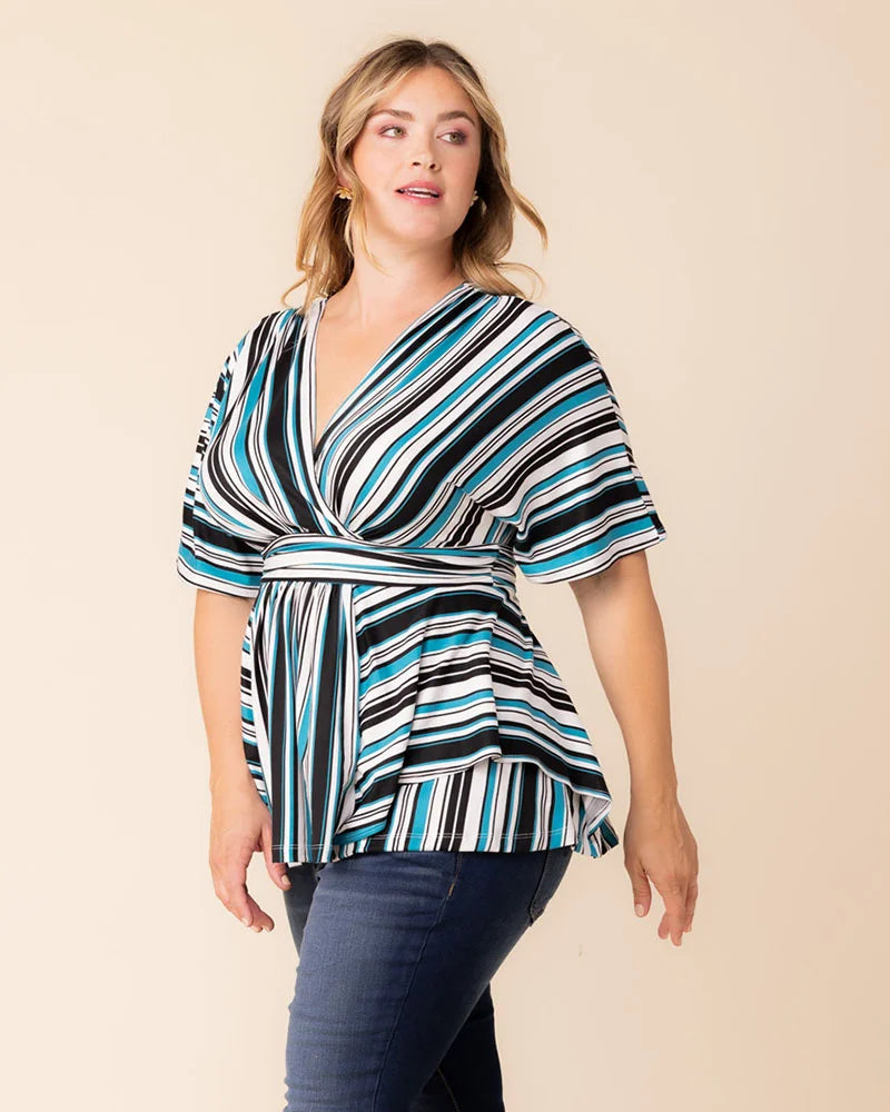 Top Plus Size Formal Top Kiyonna 22240703 Teal Stripes