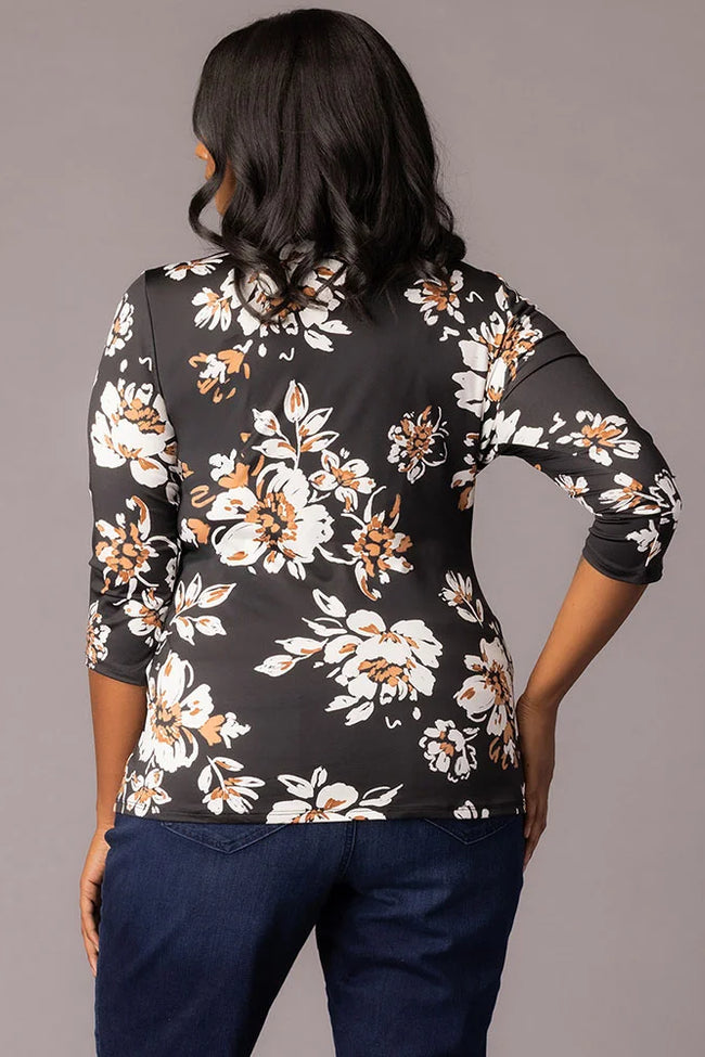 Top Fitted Formal Top Black Scattered Blooms